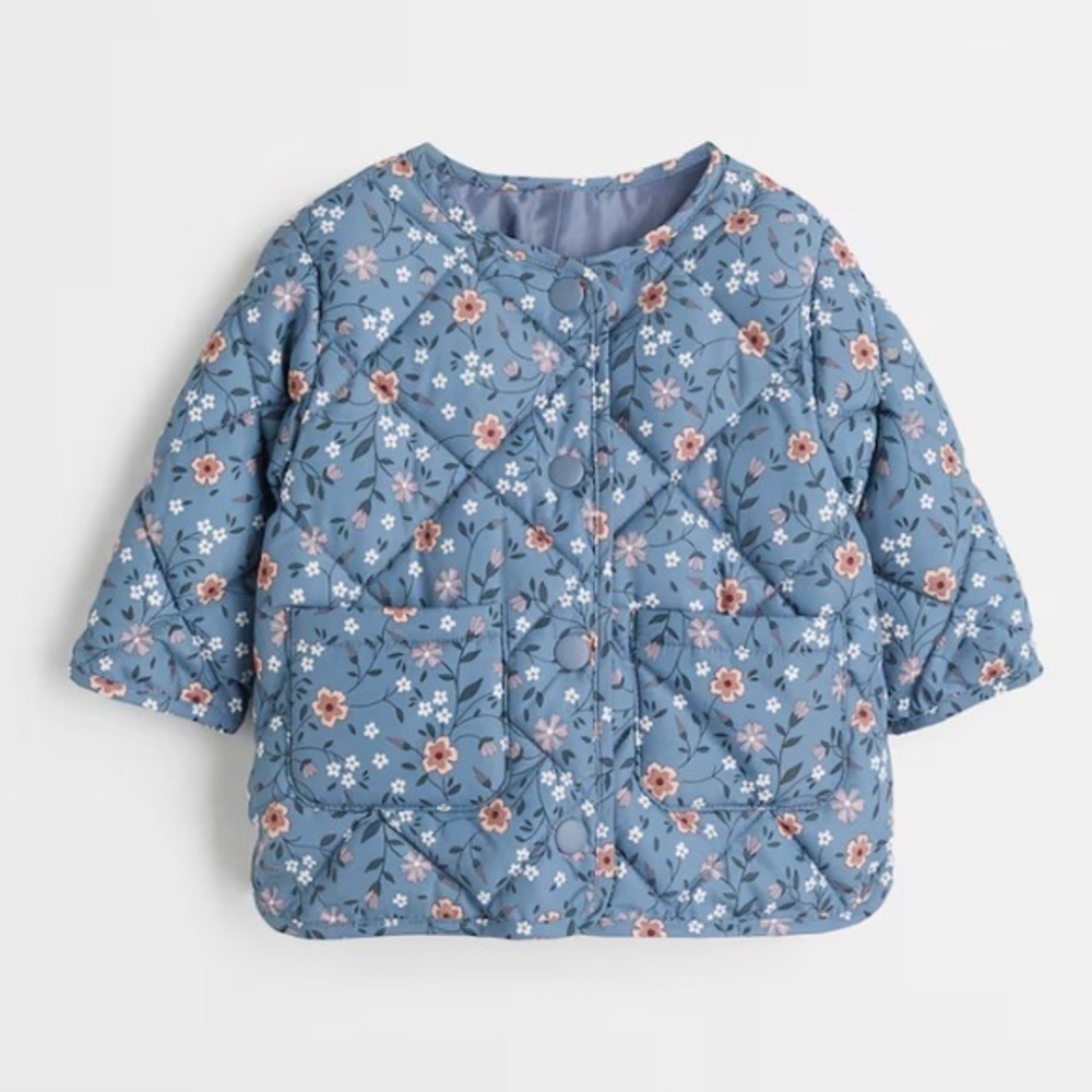 H&M Spring Puffer Quilted Lined Floral Jacket Size 18 mos Blue Pink Snap Pockets